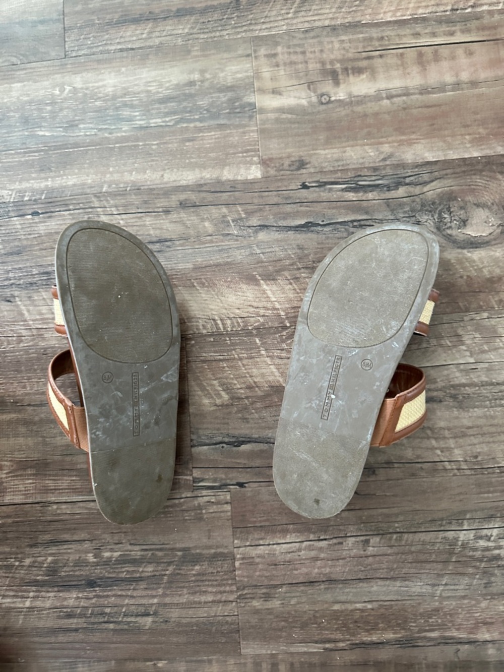 Tommy Hilfiger Tan & Cream Double-Strap Slide Sandals with Gold TH Logo - Picture 2 of 3